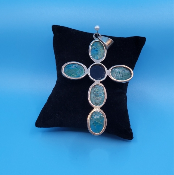 Vintage Sterling Turquoise and Onyx Cross Pendant - Picture 2 of 6
